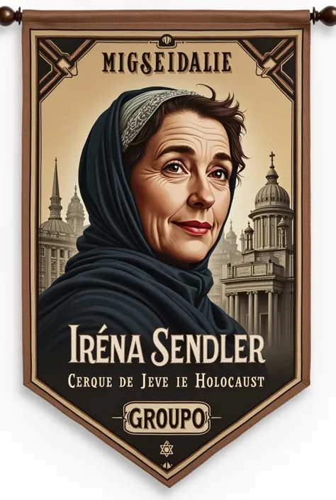 Create an image for a pennant with the name Irena Sendler and a drawing that represents her and contains writing "Group 2" in Spanish 