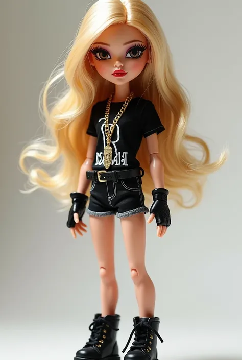 Bratz doll with blonde wavy hair and light eyes wearing a black t-shirt, shins,black boots. Eyes lined with black, Red lips 