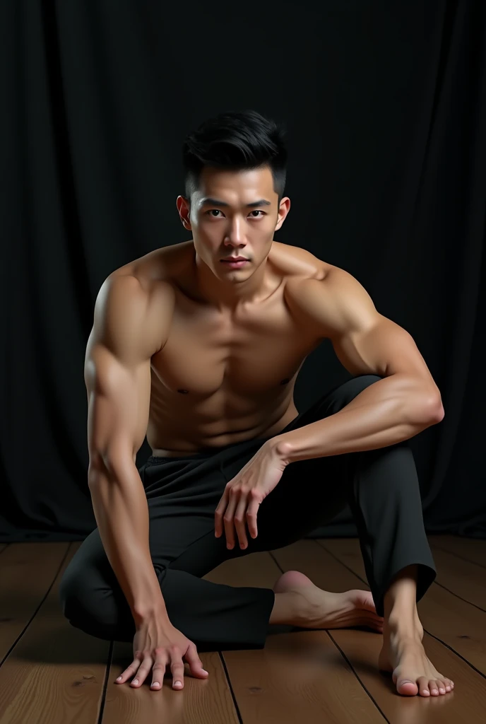 Afraid asain guy, white skin. Muscler, shirtless, beautiful body, wide shoulder, sitting on the floor, realistic, uper camera angle, pants, black cloth background, wooden floor, hyper detailed , detailed realistic body
Black eyes, hand is touching floor an...