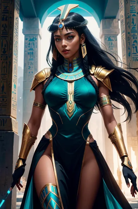 A powerful and bold depiction of an Egyptian goddess, inspired by figures such as Osiris, Cleopatra, Nefertiti, and Hathor, reimagined as a futuristic pharaonic queen. She is a beautiful, athletic, and mystic figure with golden-brown skin, standing confide...