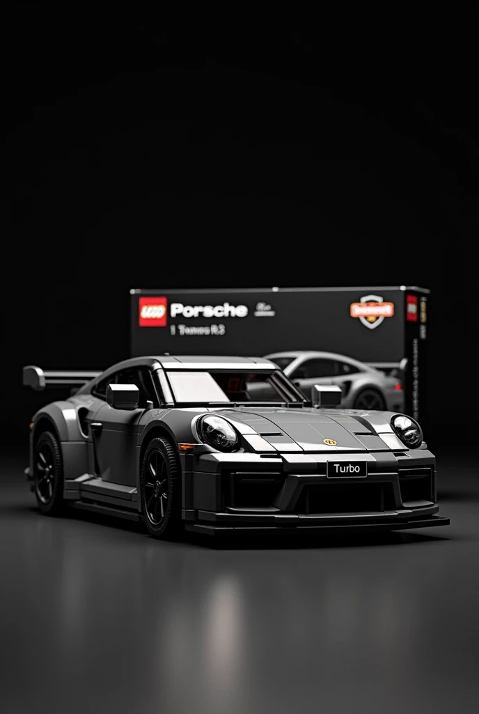 Draw a Porsche car as lego with the box from the lego behind the car in a black room. Porsches turbo s 

. with the Porsche logo on the front