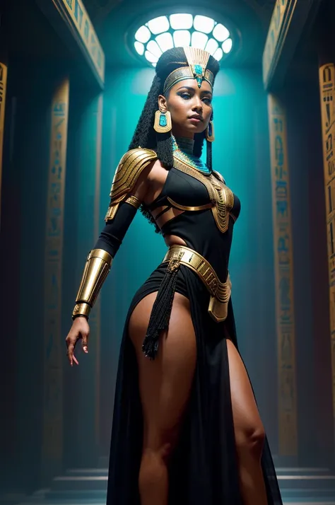 A powerful and bold depiction of an Egyptian goddess, inspired by figures such as Osiris, Cleopatra, Nefertiti, and Hathor, reimagined as a futuristic pharaonic queen. She is a beautiful, athletic, and mystic figure with golden-brown skin, standing confide...