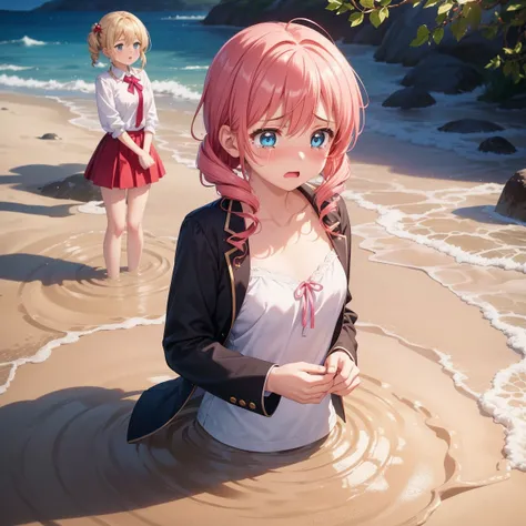 masterpiece, Highest quality, High resolution, (Five Girls), (Multiple Girls:1.5), blush, Anime CG style, Good lighting, sand漠, sand, (quicksand, Partially submerged), (upset, Tears welled up in her eyes), kinomoto sakura, Ai-chan, chest,Girl with pink hai...