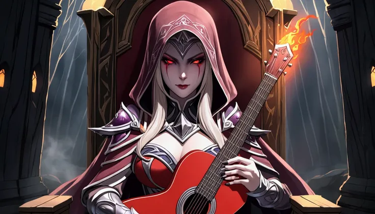 sylvanas windrunner, the legendary leader of the forsaken, sits on a dark wooden throne, surrounded by an aura of mystery and ma...