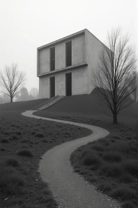 Monochromatic image of a large two-story structure with several large blocks inserted into a hill surrounded by some sparsely leafed trees