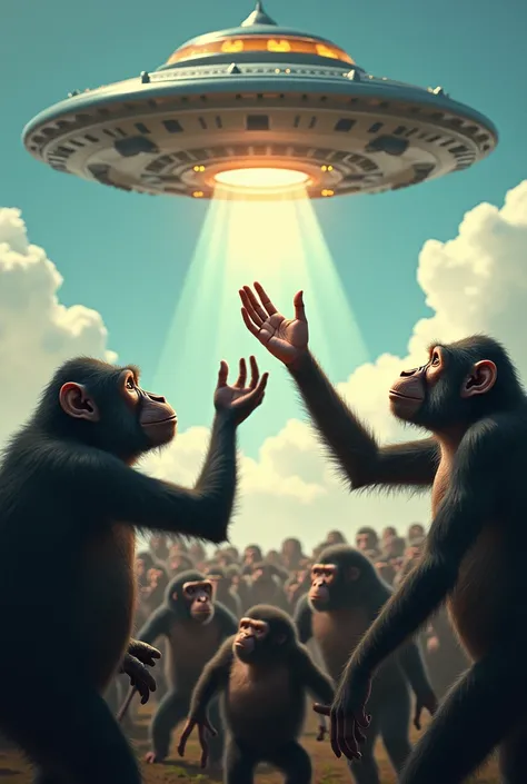 UFO in the sky comes down a hand stretches out monkeys and gorillas people all watch the spectacle