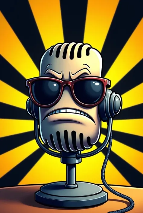 podcast microphone with a frown and wearing sunglasses with a black and yellow stripe background, cartoon version
