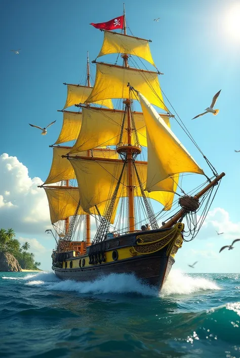 Photorealism of pirate santa rosa yellow sailing boat

