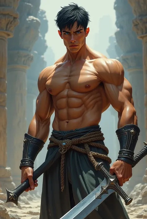 A well-built yung guy wielding a giant sword at his side, with tan skin, black hair, and blue eyes.