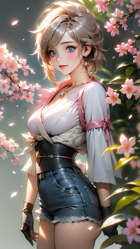 a girl in white shirt and shorts standing front of house, in the style of hyper-detailed portraits, light pink and dark silver, ...