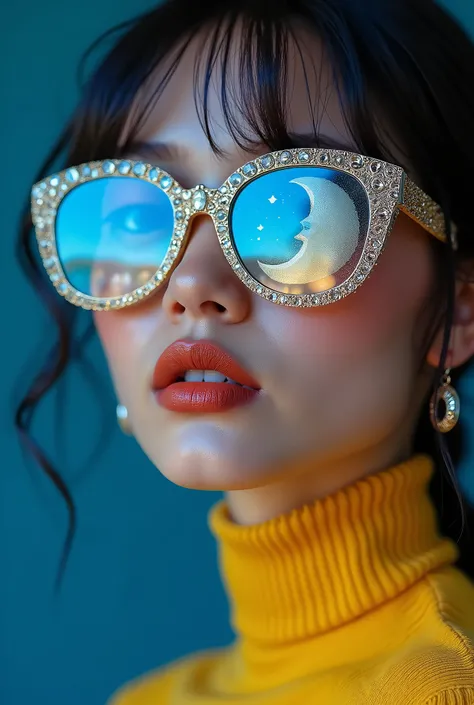 model wearing vitreous sunglasses with star and moon in the glass, in the style of dark sky-blue and light yellow, minimalist pen lines, fairy kei, use of precious materials, vibrant and lively hues, captivating, glitter 