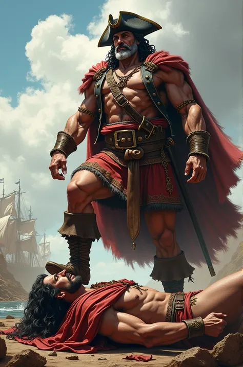 A pirate puts his foot on top of the defeated Caesar