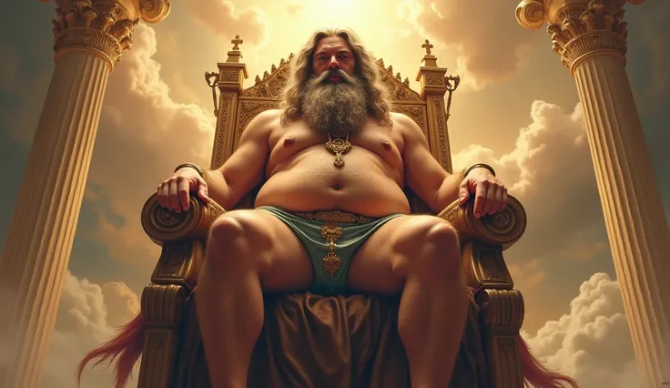 god on his throne ruling,Open legs, hair from navel to groin, Swim trunks with bulge, Chubby, Hairy, Bearded, high resolution, ultra-detailed , sharp focus, intricate details
