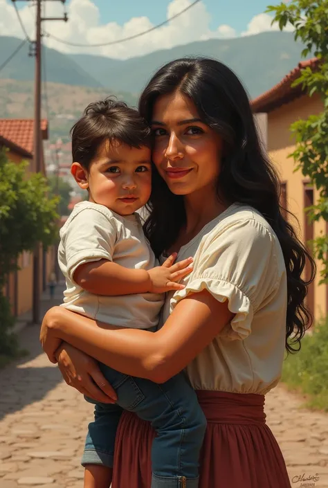 Creates an image of Augusto Bernardino Leguía as a child in the arms of his mother María del Carmen Salcedo with a landscape of the town of Lambayeque 