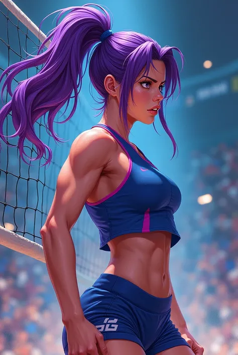 Bluelock style, female gender, purple hair color and volleyball player