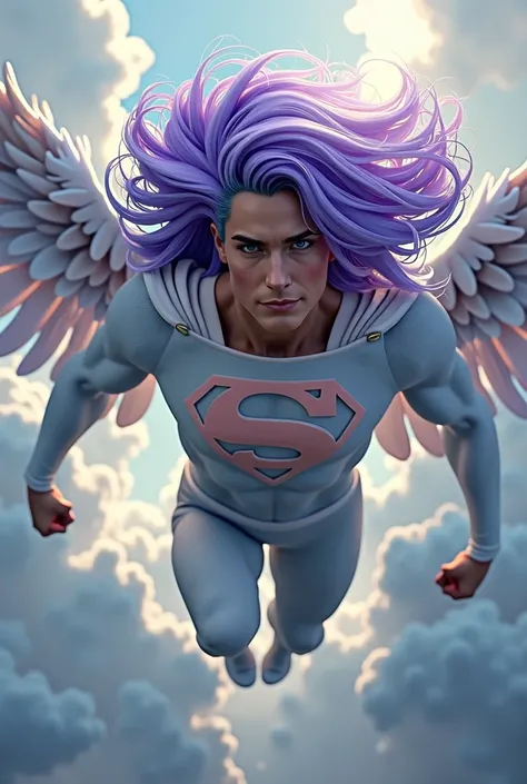 Create a character similar to superman, but this character has purple hair, has an angel&#39;s greeting, Superman&#39;s clothes without a symbol and he has big hair, he flies