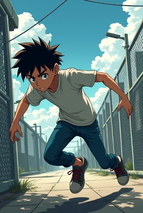 Anime teenage boy sneaking through a fence without being seen by the military