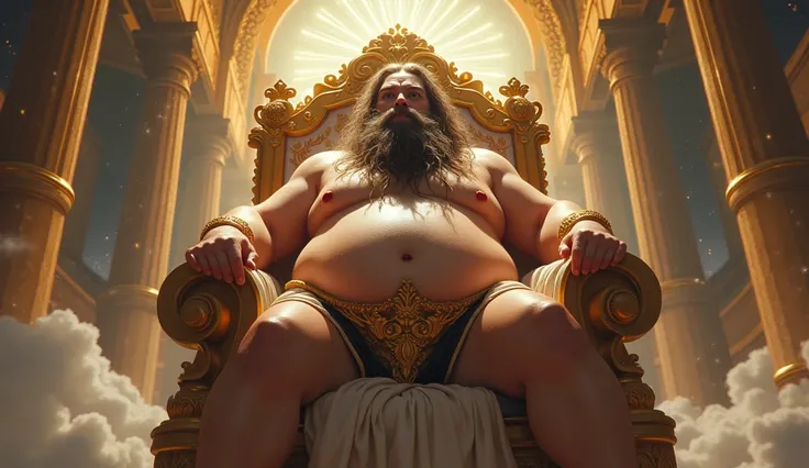 god on his throne ruling,Open legs, hair from navel to groin, underwear with big bulge in the middle, Chubby, Hairy, Bearded, high resolution, ultra-detailed , sharp focus, intricate details
