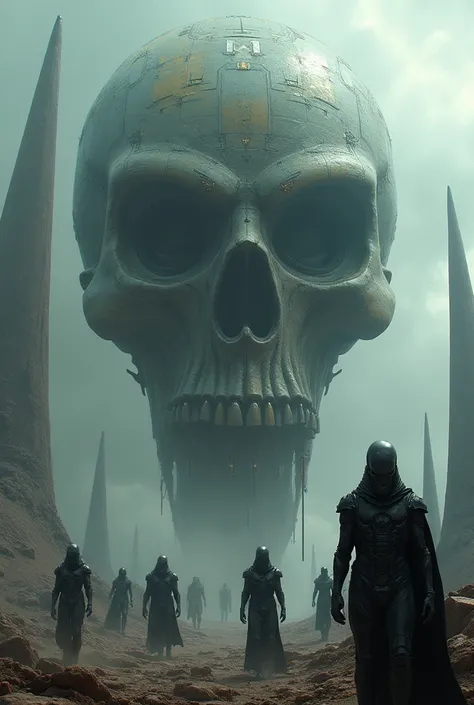 futuristic dark alien army with big spaceships with skull shaped heads 