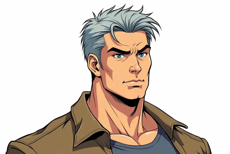 Character sheet image of an adult male named John Smith. He has fair skin with a few freckles, short gray hair slicked back with hints of brown, and intense blue eyes with a watchful expression. His build is stocky and muscular. The style should blend 1980...