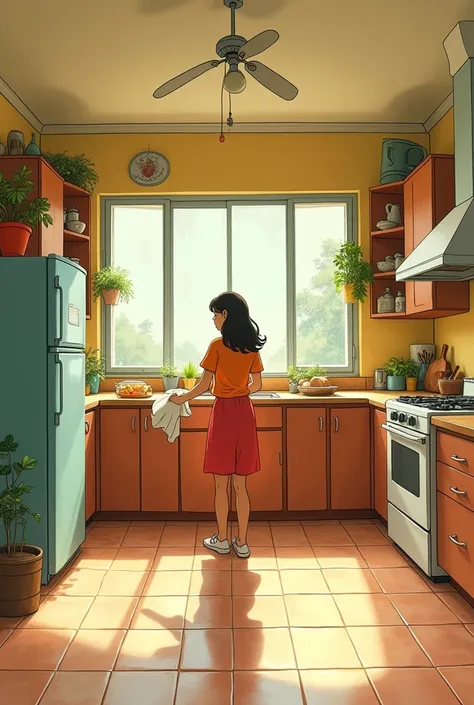 A hand-drawn, colorful illustration with low-saturated colors and a nostalgic feel of a large, empty Brazilian family kitchen from the 1980s in the style of children&#39;s book illustrator Dan Santat, designed for use in an ebook aimed at children aged 6 t...