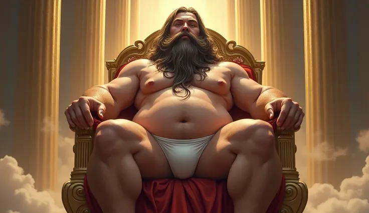 god on his throne ruling,Open legs, hair from navel to groin, underwear white with big bulge in the middle, Chubby, Hairy, Bearded, high resolution, ultra-detailed , sharp focus, intricate details