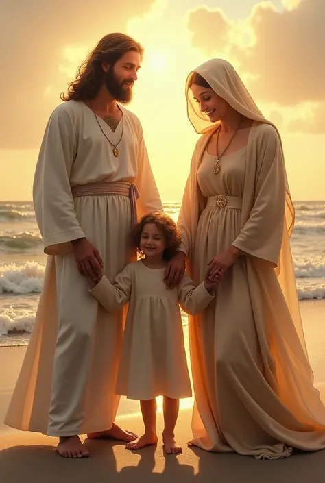 Jesus and the Virgin Mary holding hands with a curly-haired child. The child in the middle. The landscape is a beach