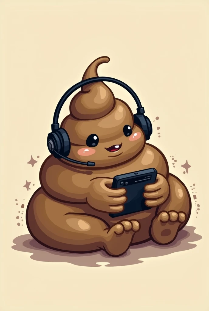 A Living Poop Gamer Playing a Game on the Phone with Headset 
