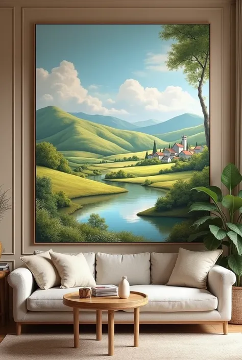 A landscape painting on a wall in the living room of a residence. 