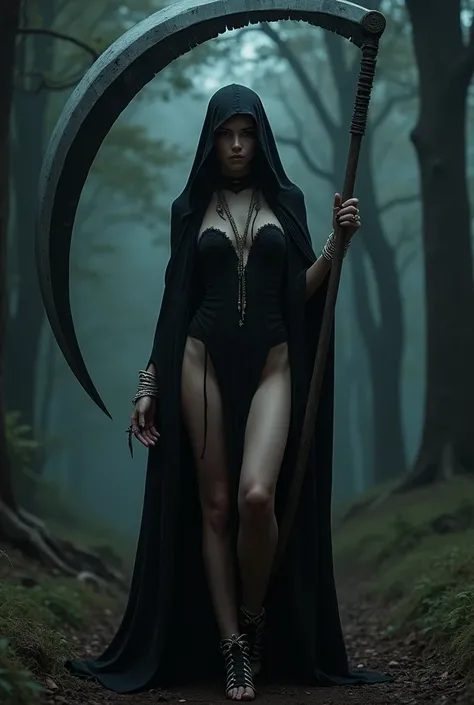 (((grim Reaper)))、young woman、cute、1、Jet black robe、sexy、Thighs、(((He carries a scythe as big as he is.)))、grim Reaperの鎌、Death Scythe、Bone Jewelry、Background dark forest、(best quality,4K,8k,highres,masterpiece:1.2),ultra-detailed,(realistic,photorealistic,...