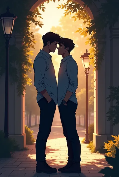 Make an image for a romantic cover, between two silhouettes of two men (that one is taller than the other), and maybe college or university decoration Make an ANIME style