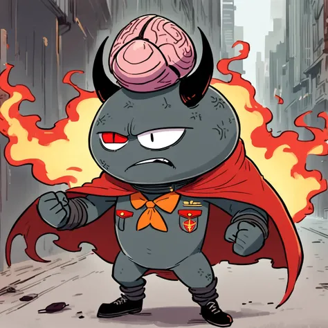 1RobotAlien, Black Blazing Brain Devil Shell, black skin, red Circle Eye, Red slit pupils, no humans, Ushanka, Russian Soviet Army Uniform, Orange Bow Tie, 2 horns on head, very long fire cape, Evil Angry, Hong Kong, Style of MFKZ and OddTaxi