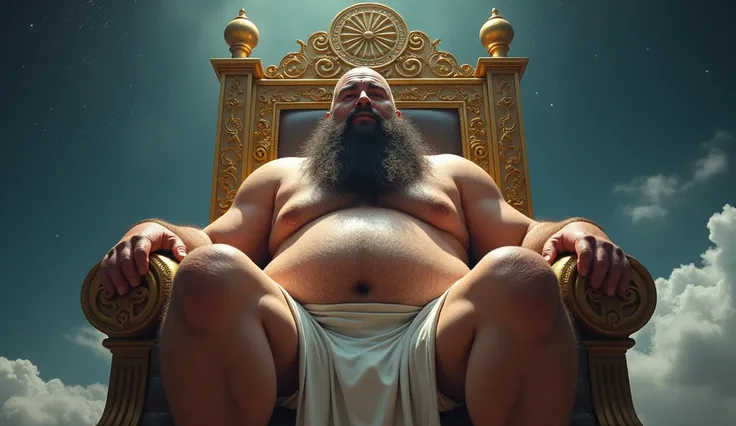 god on his throne ruling,Open legs, hair from navel to groin, underwear white with big bulge in the middle, Chubby, Hairy, Bearded, high resolution, ultra-detailed , sharp focus, intricate details, Holding your big belly, high resolution, ultra-detailed, s...