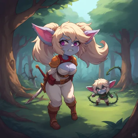 Profile, thorn forest, poppylol, Yordle, small pile, colored skin, rubio_hair, purple_eyes, big breasts, expression of pain, clenching teeth, White suit, white pants, White shirt, sword, bottomless, caught in thorns, path of thorns, wound with blood, looki...