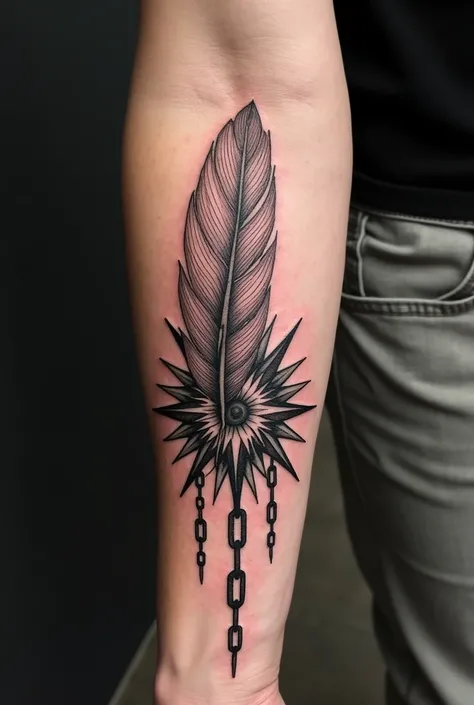 Tattoo on forearm with images of a feather, compass and broken chains
