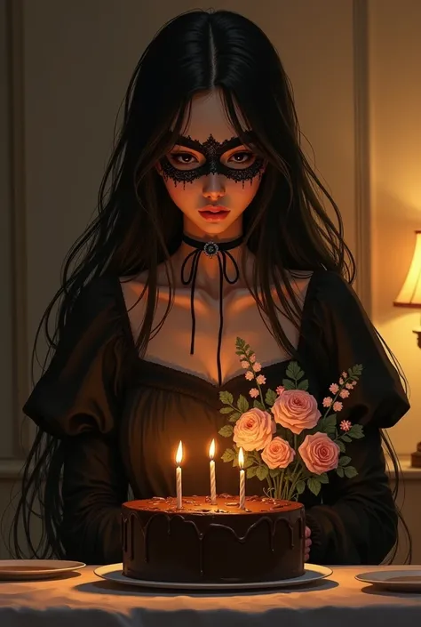 The beautiful young face women cut chocolate cake ( use knife ) on the cake 20 number candle. and shes face full  of happiness and shes holding a flower bouquet and she waring black frock with full sleeve and covered nack  and face dress shes in a dark roo...