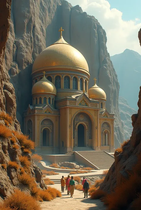 there is a large Ethiopian Orthodox Church building with hemispherical Dom that is built into the side of a mountain, intricate matte painting, matte painting of human mind, digital matte painting, ancient yet futuristic, elaborate matte painting, hyperdet...