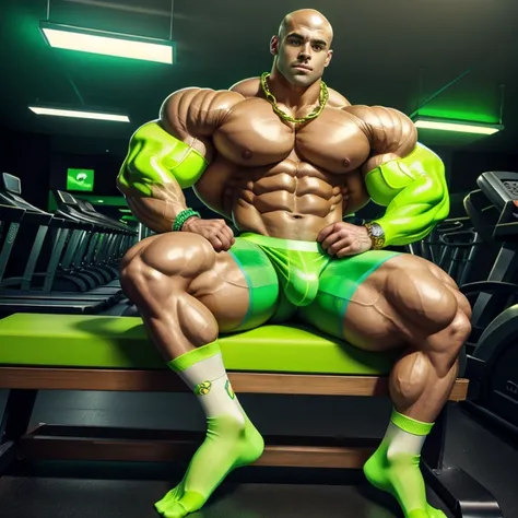 full view, full body, one handsome young artificially tanned white bald over-muscular man in neon-green nylon socks, shirtless wearing neon-green lycra leggings and neon-green sheer socks, no shoes, gold chains, bracelets, rings, pirced nipples with golden...