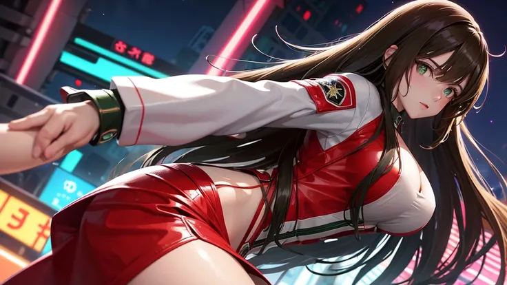 2d anime style, a beautiful woman with long curly brown hair and green eyes wearing a red miniskirt, white top and leather jacket is in front of a dance club that shines in neon on its facade the name "Technoir", night of a city in the 80s, lighting of str...