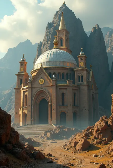 there is a large Ethiopian Orthodox Church building with hemispherical Dom that is built into the side of a mountain, intricate matte painting, matte painting of human mind, digital matte painting, ancient yet futuristic, elaborate matte painting, hyperdet...