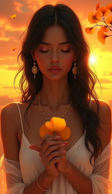 1girl, black hair, closed eyes, dark skin, earrings, ginkgo leaf, gradient, gradient background, jewelry, long hair, male focus, orange background, orange sky, orange theme, own hands clasped, own hands together, solo, sunset, upper body, yellow background...