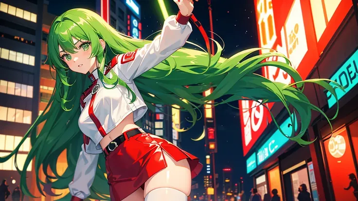 2d anime style, a beautiful woman with long curly brown hair and green eyes wearing a red miniskirt, white top and leather jacket is in front of a dance club that shines in neon on its facade the name "Technoir", night of a city in the 80s, lighting of str...