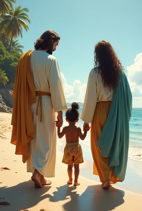 Merciful Jesus and Our Lady of Grace holding hands with a brown child, of indigenous origin, with curly hair tied up. The child in the middle. The landscape is a beach. They are walking back to back on the beach, You can&#39;t see their faces because their...