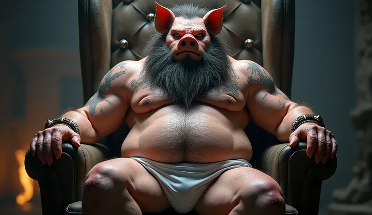 pig orc king on his throne ruling,Open legs, hair from navel to groin, underwear white with big bulge in the middle, Chubby, Hairy, Bearded, high resolution, ultra-detailed , sharp focus, intricate details, Holding your big belly, high resolution, ultra-de...