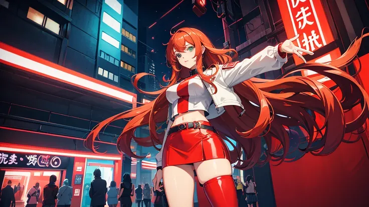 2d anime style, a beautiful woman with long curly brown hair, wearing a red miniskirt, white top and leather jacket is in front of a dance club that shines in neon on its facade the name "Technoir", night of a city in the 80s, lighting of streetlights and ...