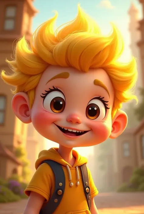 Make me a Disney-style boy character with big eyes, Big head, yellow hair, that he is smiling 