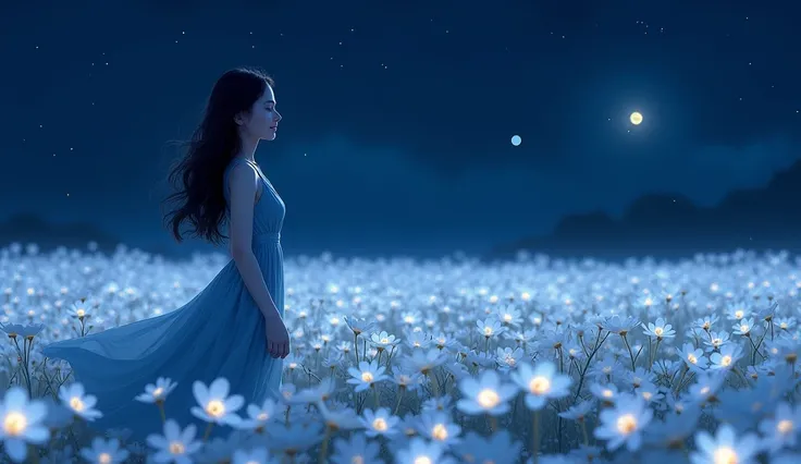 white plumeria fields during the night, a firefly and a woman wearing a blue dress and a black hair, close eyes, light smile, looking up