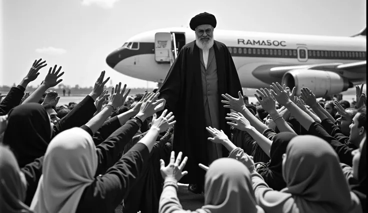 Prompt 8: A historic photograph of Ayatollah Khomeini’s return to Iran in 1979. The scene captures him stepping off the plane, surrounded by jubilant Iranian people. The women in the crowd wear hijabs, and everyone is eagerly reaching out to greet him. The...