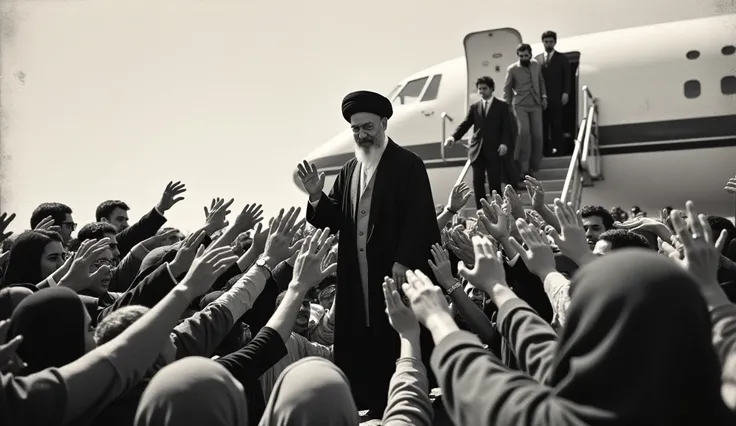 Prompt 8: A historic photograph of Ayatollah Khomeini’s return to Iran in 1979. The scene captures him stepping off the plane, surrounded by jubilant Iranian people. The women in the crowd wear hijabs, and everyone is eagerly reaching out to greet him. The...