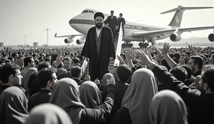 Prompt 8: A historic photograph of Ayatollah Khomeini’s return to Iran in 1979. The scene captures him stepping off the plane, surrounded by jubilant Iranian people. The women in the crowd wear hijabs, and everyone is eagerly reaching out to greet him. The...